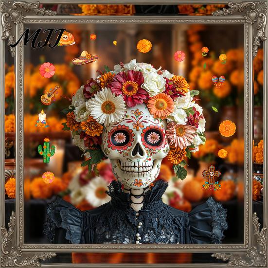 Celebration Accessories Day of The Dead Window Clings, Halloween Double-Sided Skull Sticker, Decals Colorful Flower Skeleton Static for Mexican House