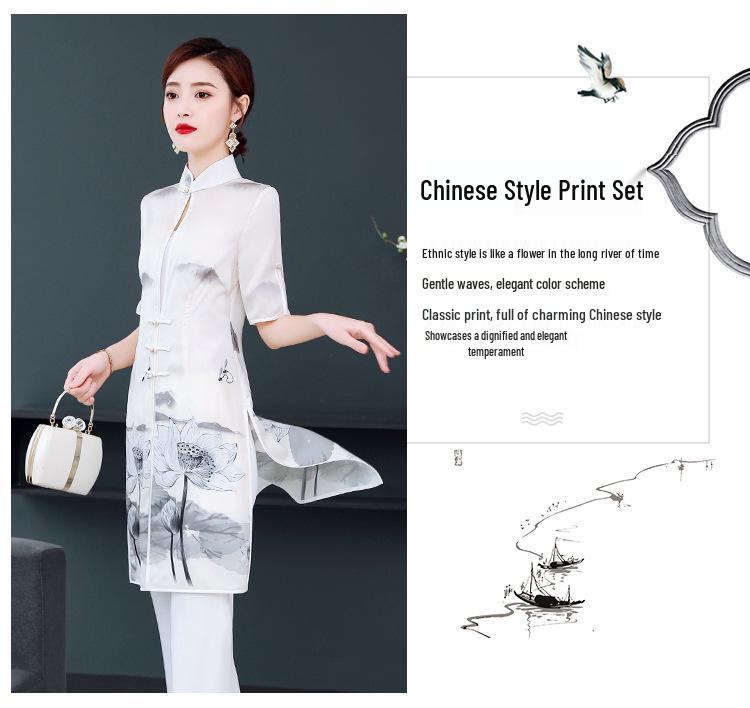 Spring/Summer Retro Ink Print Cheongsam & Trousers Zen Tea Suit - National Style Beauty Salon Workwear.