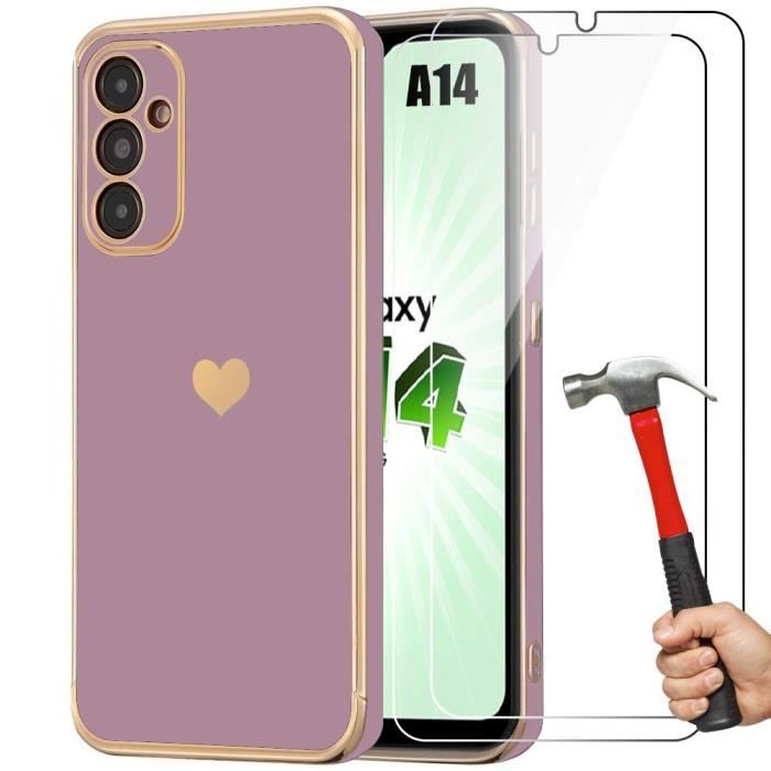 Coque pour Samsung Galaxy A14 4G-5G - Violet - Antichoc en Silicone - Motif Amour - 2 Verres Trempés