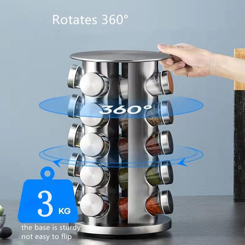 Revolving Spice Rack with 12/16/20 Jars, Rotating Seasoning Organizer with Labels, Stainless Steel Spice Carousel for Kitchen Countertop, Cabinet