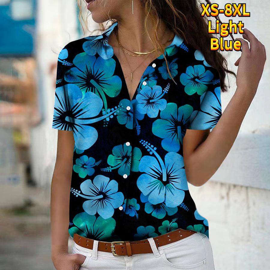 

Лето 2025 Новая Мода Женская Блузка с Коротким Рукавом и V-образным Вырезом на Пуговицах с Цветочным Принтом 8XL темно-синий