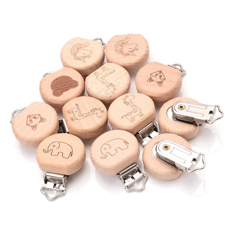 5Pcs/Lot Beech Wood Pacifier Clip Animal Small Elephant Heart Pattern Pacifier Clips for Baby DIY Pacifier Chain Accessories