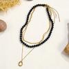 Three Pieces Colorful Natural Stone Beaded Necklace Women Geometric Pendant Stainless Steel Snake Collarbone Chain