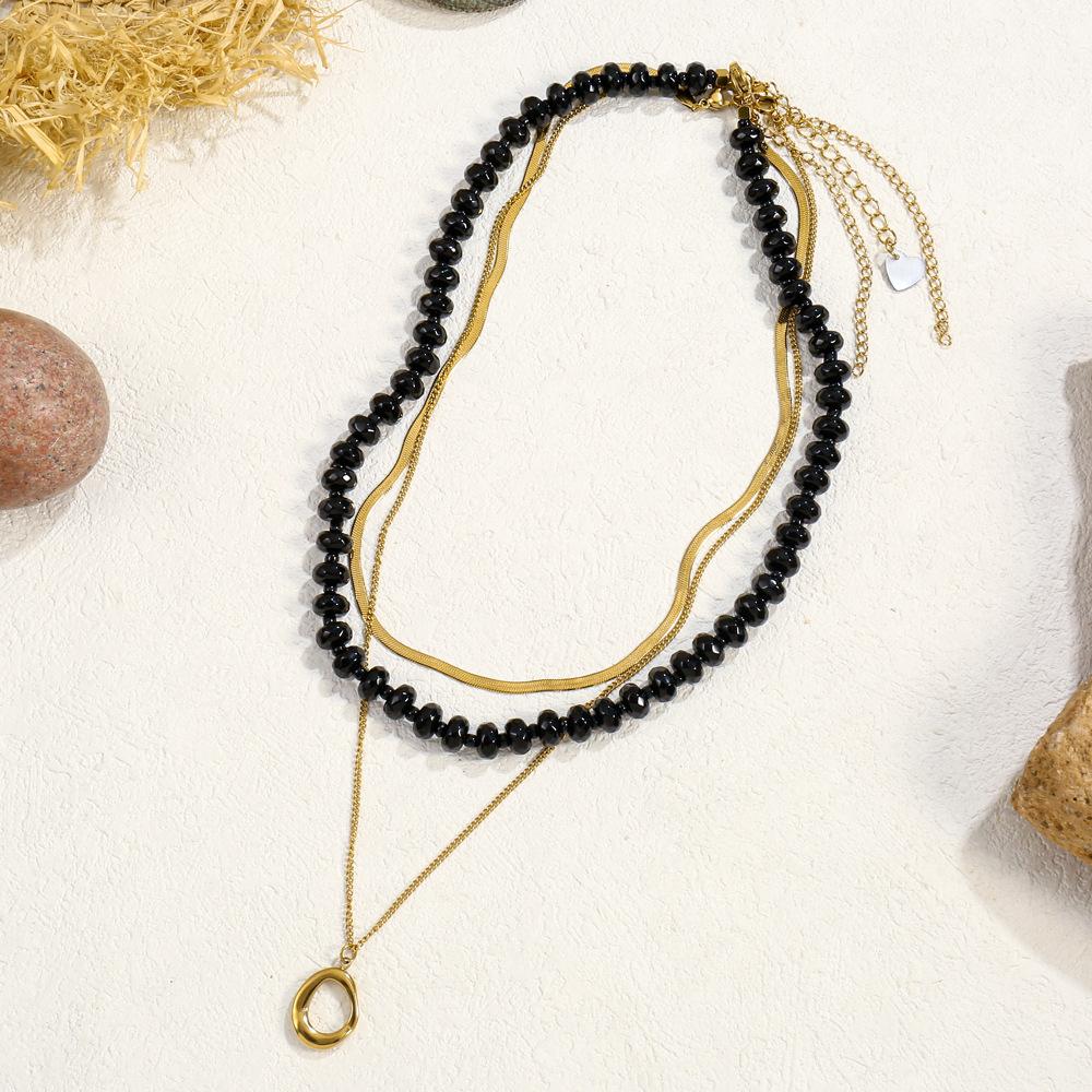 Three Pieces Colorful Natural Stone Beaded Necklace Women Geometric Pendant Stainless Steel Snake Collarbone Chain