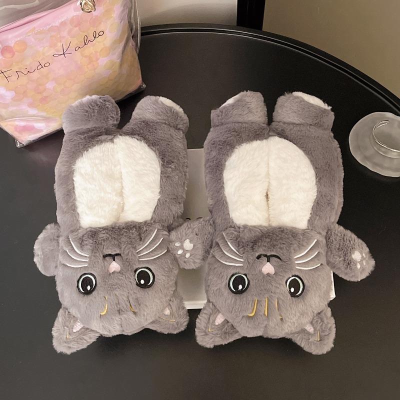 Funny Cat Doll Cotton Shoes Women Winter One Pedal Lazy Bread Shoes Comfortable Cute Floor Slippers