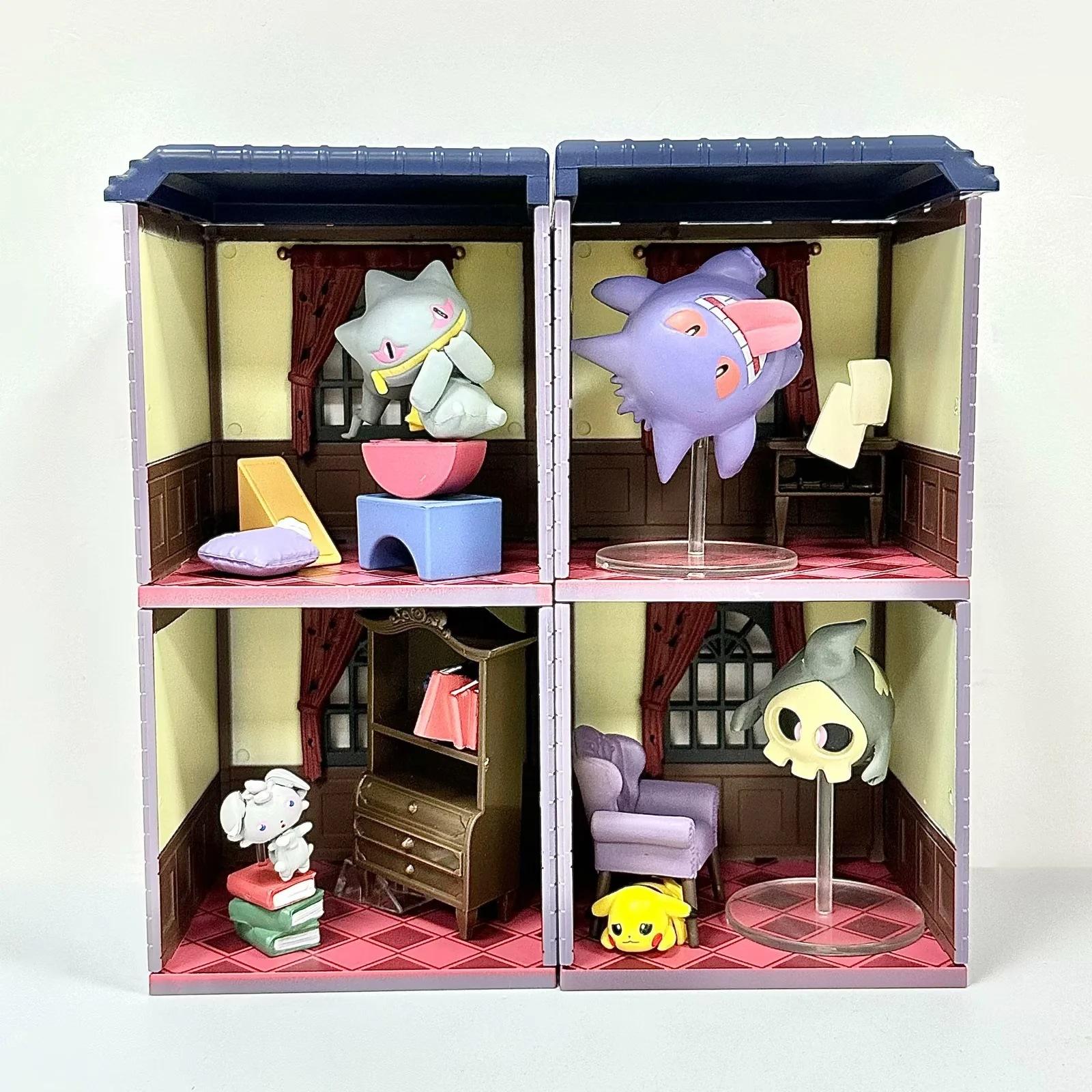 4Pcs Pokemon Anime Figure Gengar Pikachu Mysterious haunted house Action Figures Halloween Collectible Model Doll Toys Gift