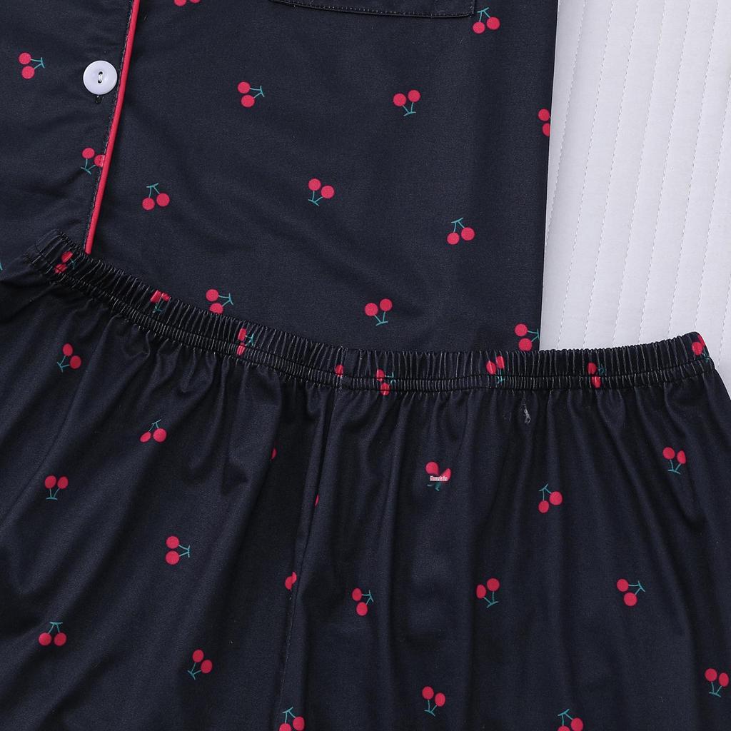Cherry Print Women's Pajama Set - Short Sleeve & Shorts, European & American Style Home Wear