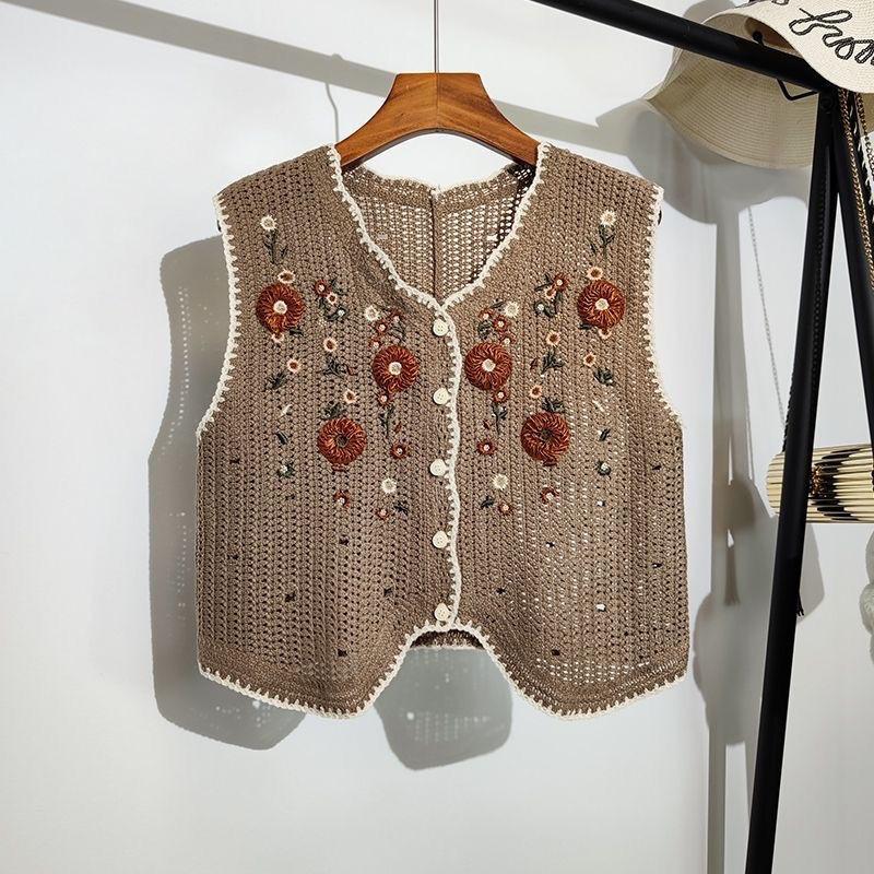 Short Sleeveless Embroidered Knitted Vest for Spring and Summer Fashionable Hollowed-out Crocheted Top Cardigan for Spring and Autumn