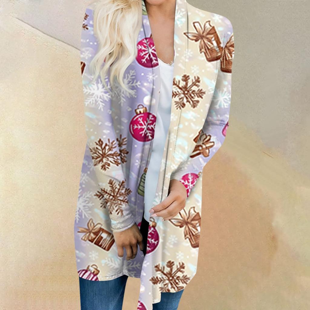 Women's Fashion Casual Christmas Tree Printed Mid-Length Cardigan Jacket