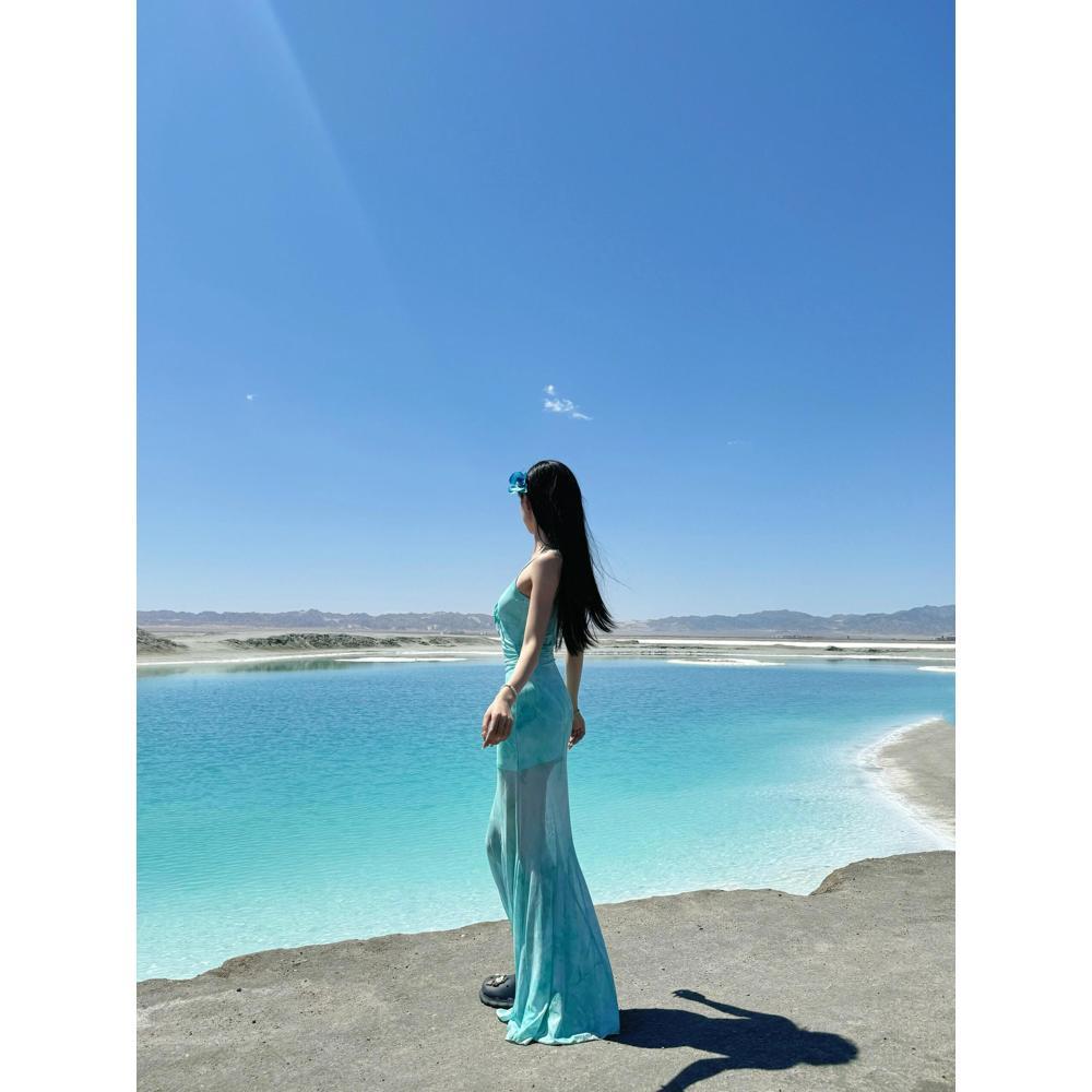 Design Sense Green Retro Printed Mesh Suspender Dress Atmosphere Holiday Wind Beach Photo Fishtail Dress