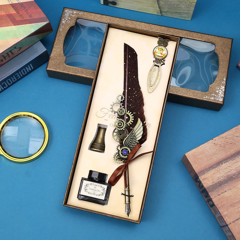 Vintage Feather Pen Mechanical Gear Feather Pen Steam Dip Pen Gift Box Teachers' Day Student Gifts