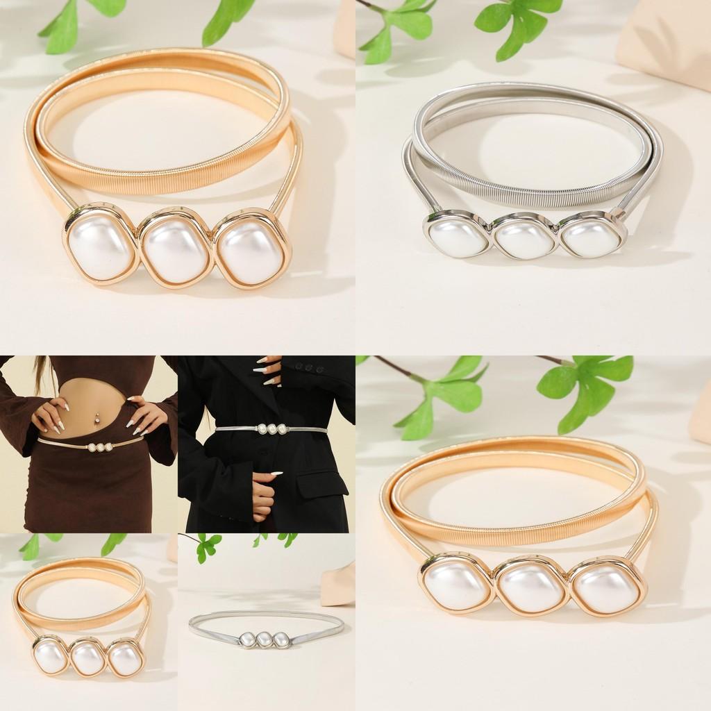 Womens Metal Elastic Waist Belt With Spring Chain And Double Ring Fashion Elements