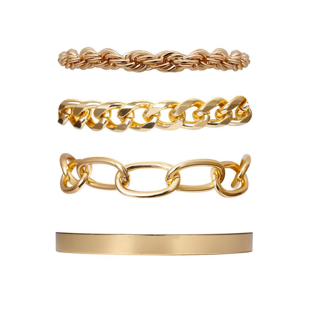 European & American Jewelry Alloy 4-Piece Set: Hip-Hop Cuban Bracelet & Punk Metal Twisted Rope Chain Cuff