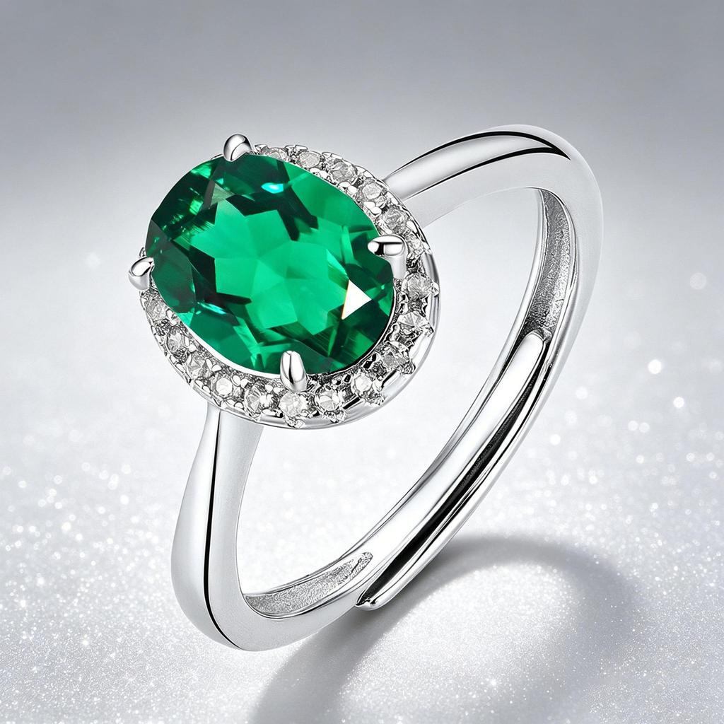 Women's 925 Sterling Silver Open Ring with Cultured Emerald - Elegant Daily Gift