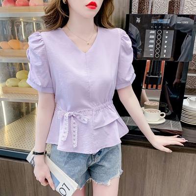 Women V Neck Puff Sleeve Lace Tie Waist Peplum Blouse