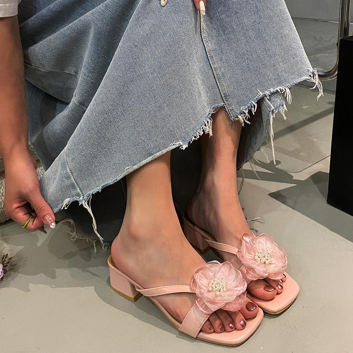 

Модные женские сандалии Элегантные туфли на высоком каблуке Украшение цветами Сандалии с открытым носком Туфли на каблуке для вечеринки Модная повседневная уличная обувь 42 розовый