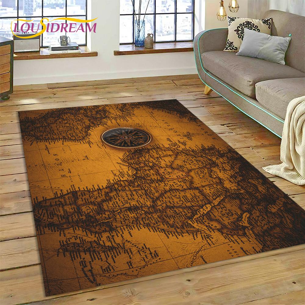 Ancient Nautical Chart World Map Compass Rug Carpet for Living Room Bedroom Decor,Floor Mat Non-slip Decoration for Sofa Doormat