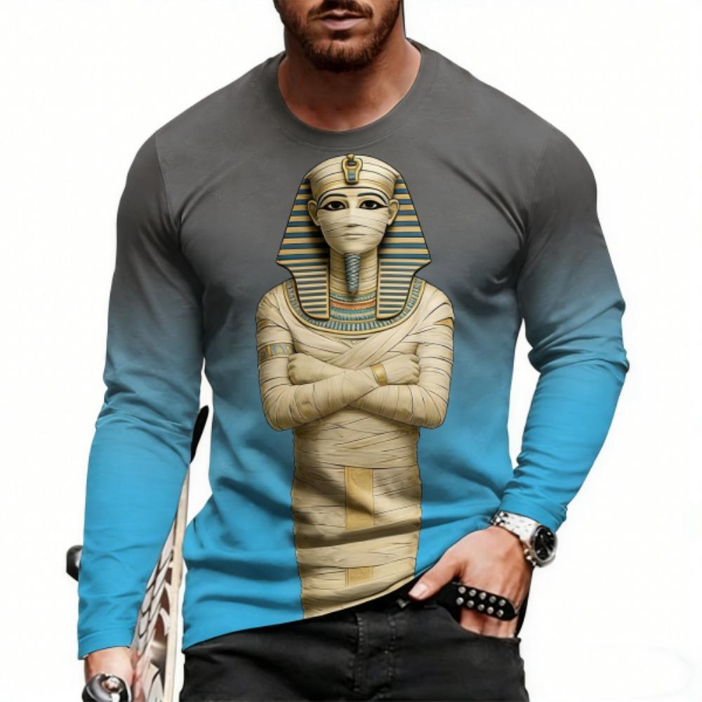 Europe America Men's T-shirt Fashion Egyptian Culture Print Pullover Comfortable Men's Long Sleeve T-shirt Outdoor Oversized Tees Top