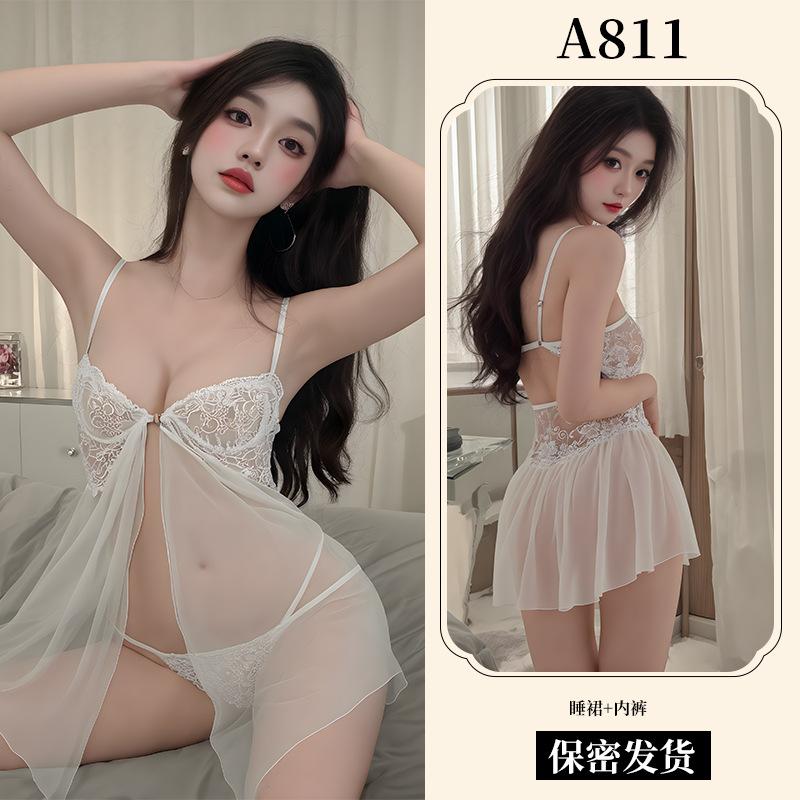 Sexy Lingerie Lace Pajamas Sexy Steel Tray Gathering Front Split Nightdress Women's Uniform A Mesh Suspender