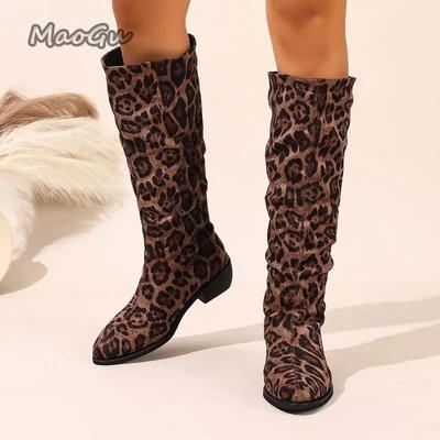 Fashion Sexy Leopard Suede Knee Boots Women 2025 Autumn Pointed Toe Medium Heel Slip On Long Boots Fashion Design Soft Pleated Boots