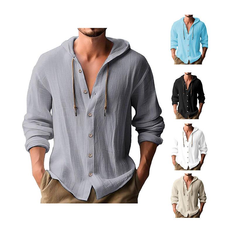 Men's Casual Long Sleeved Shirt, Cotton and Linen T-shirt, Hooded Fashionable Trend, Versatile Loose Fit, Beach Hoodie