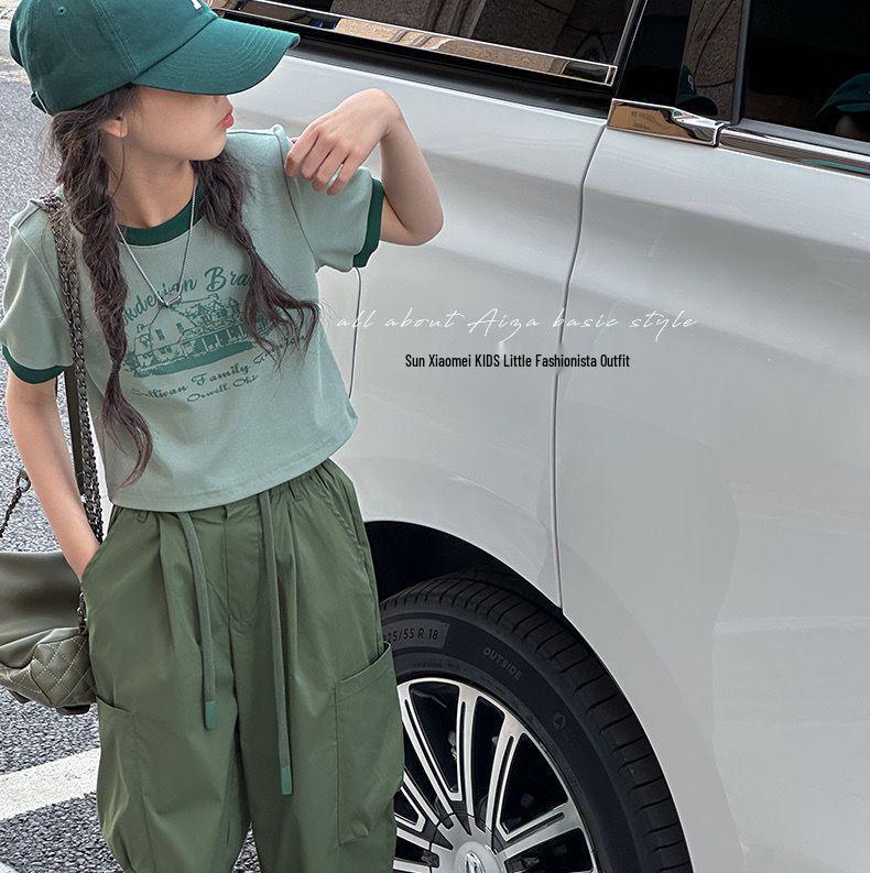 2026 Sommer Koreanischer Stil Sportliche Cargohose & T-Shirt Zweiteiliges Set für Mädchen