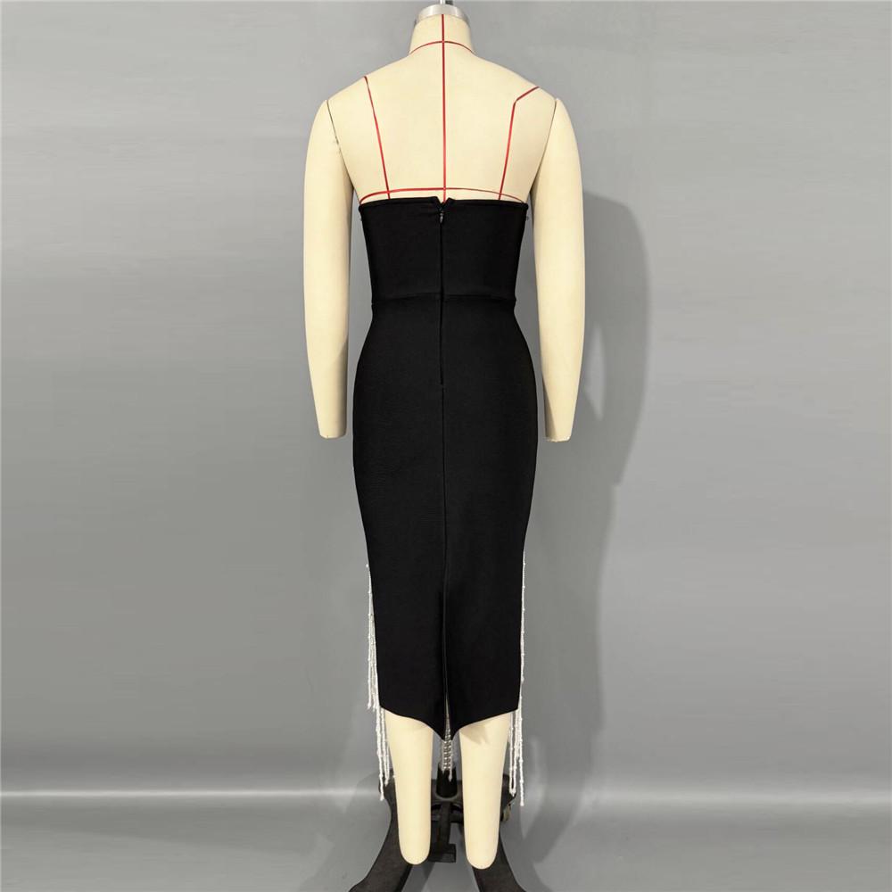 European Strapless Beaded Bandage Dress with Elegant Tassels