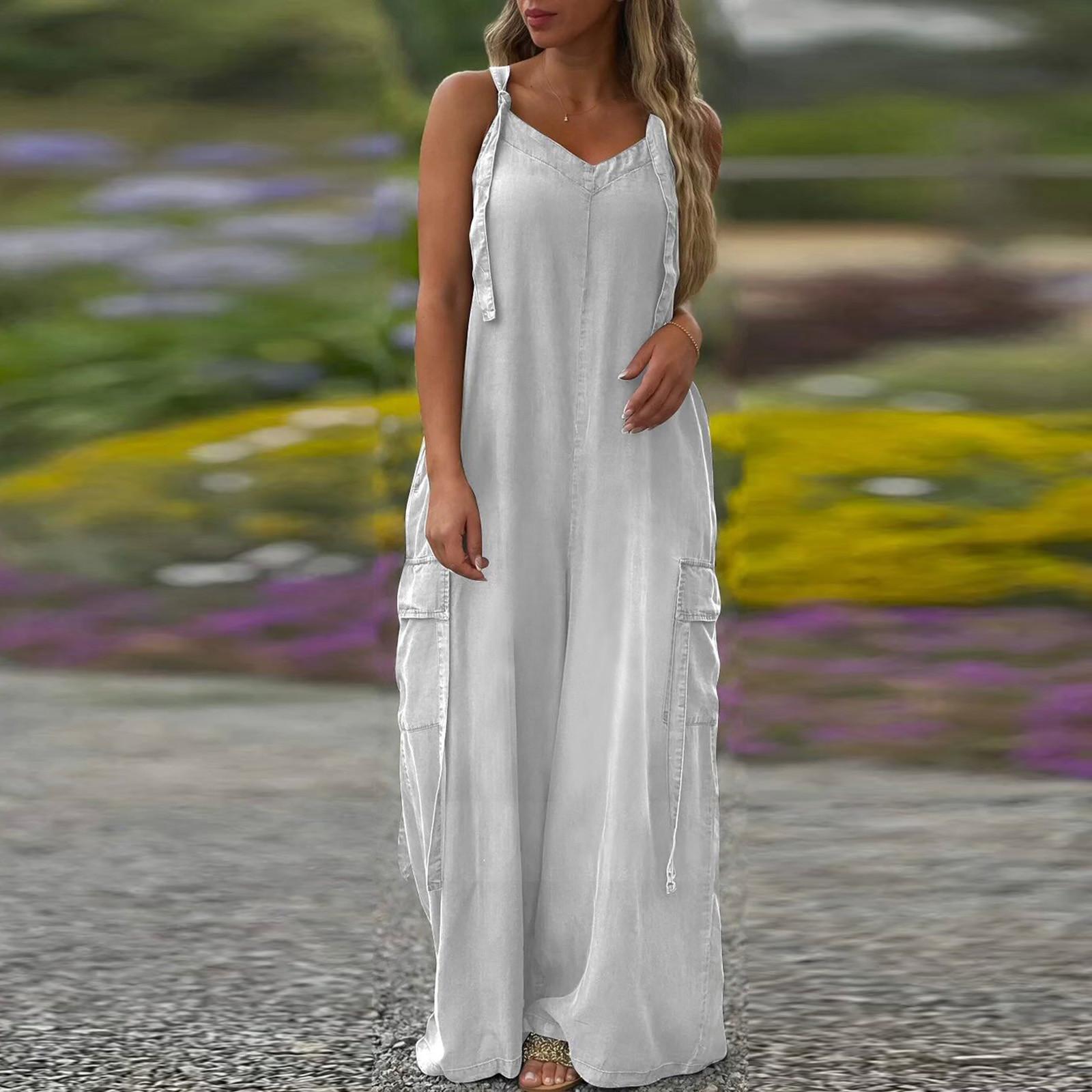 

Женский модный повседневный свободный однотонный комбинезон с карманами и V-образным вырезом XL белый