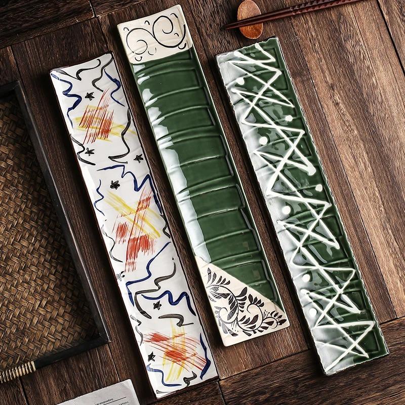1PC Japanese-style Sushi Plate Tableware Creative Hand-painted Ceramic Day Strip Flat Sashimi Salmon Commercial Plate