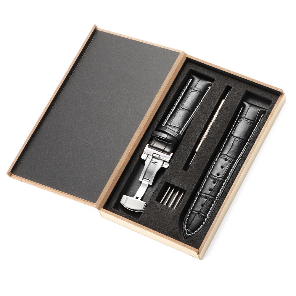 Genuine Leather Strap Band Butterfly Clasp Bracelet Common WristBand Accessories with Wooden Box 16mm 18mm 19mm 20mm 22mm 24mm