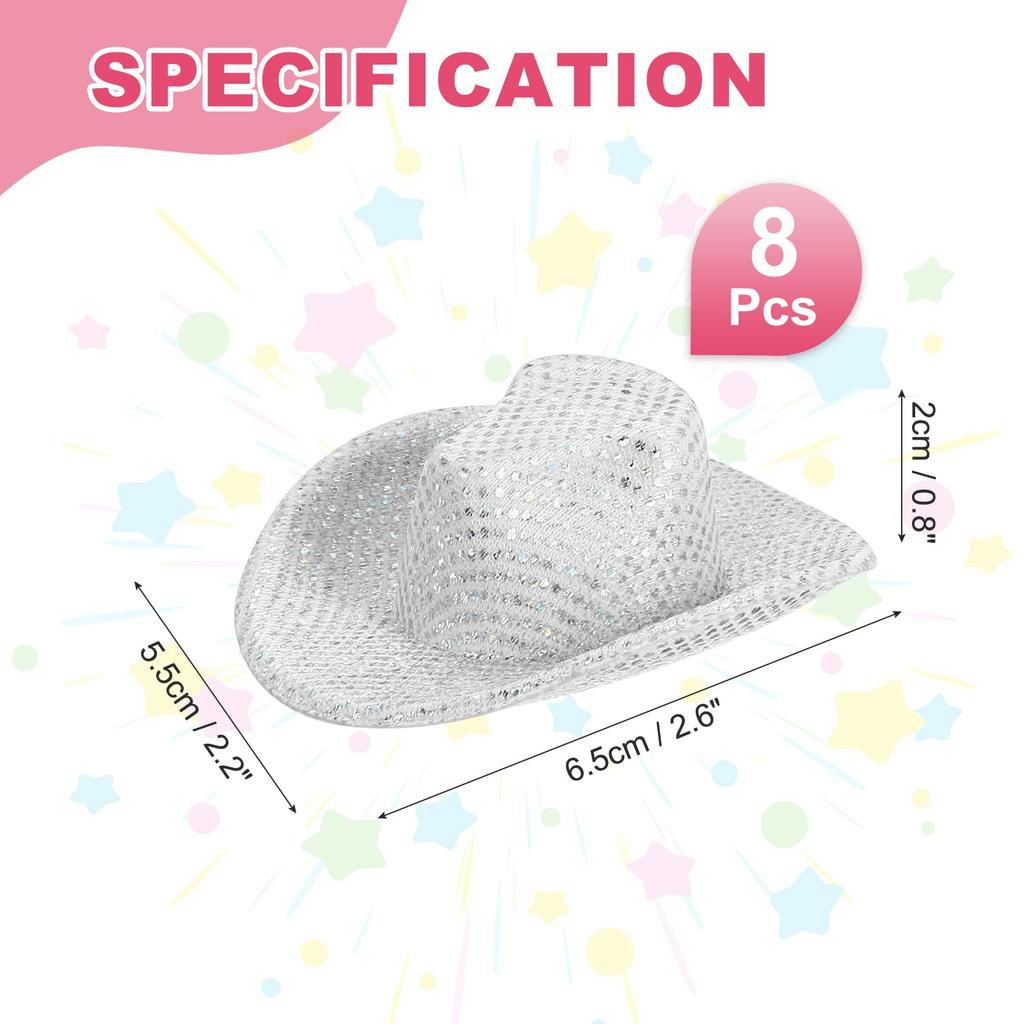 PATIKIL Mini Cowboy Hats, Set of 8, Miniature Western Cowboy Hats for Crafts, Party Decorations, Doll Pet Ornaments, Glitter Dot Style, White