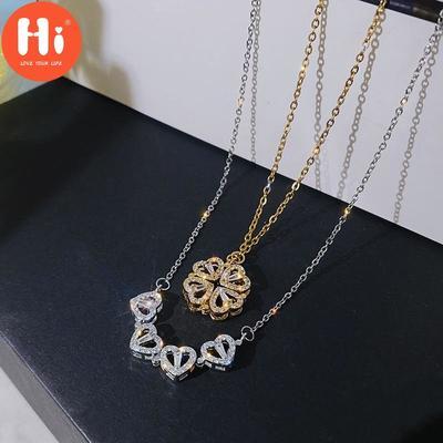 Hi New Design Heart Four-leaf Clover Magnetic Pendant Necklace for Women Girls Fashion Zircon Titanium Steel Christmas Gift Jewelry