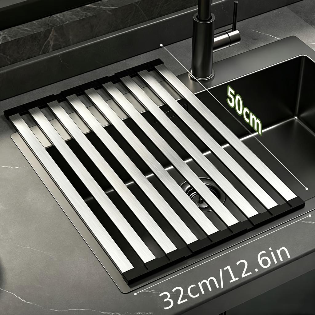 Tri-Fold 304 Stainless Steel Kitchen Sink Rack-Rustproof, Rolling Curtain For Drying Dishes Sner Kitchen Dish Rack Drainage Rack
