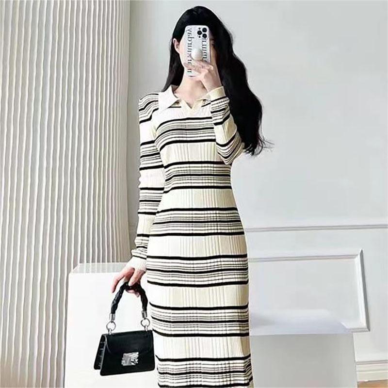 

Винтажное полосатое вязаное платье-поло с длинными рукавами, повседневная длинная юбка с талией, тонкая темпераментная юбка XL белый