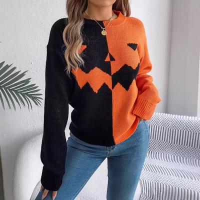 Autumn and Winter Women Halloween Pumpkin Contrast Color Knitted Long Sleeve Loose Sweater