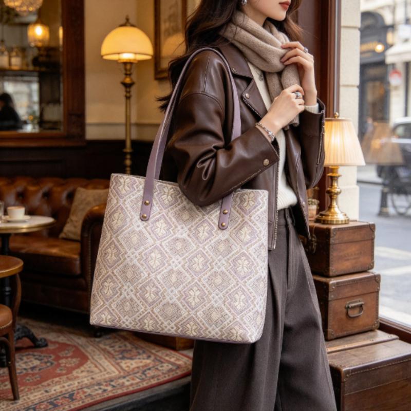 Large Capacity Women's Tote Bag , Geometric Jacquard Woven Shoulder Bag for Daily & Holiday Gift