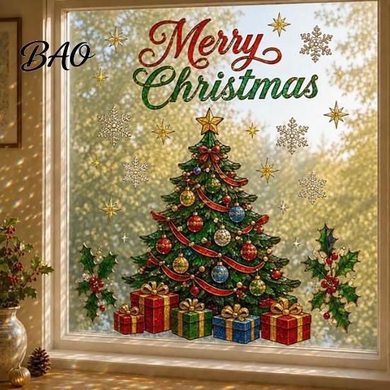 Shopping Mall Christmas Stickers 2Pcs Wall Stickers, Snowy Cottage Tree Self Adhesive Decals, Waterproof PVC Party Snow Scene Holiday Decals for Home