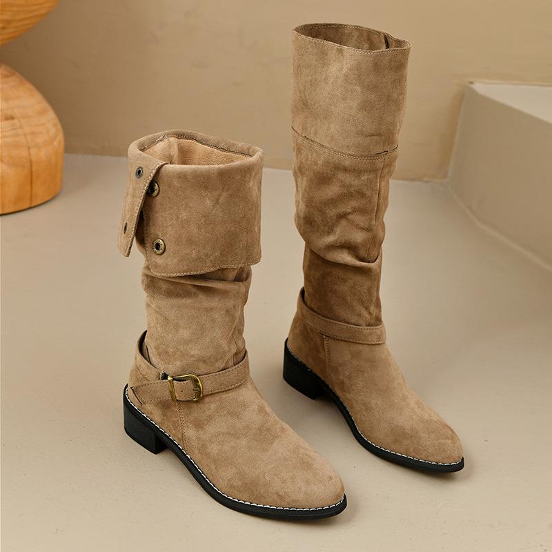 Retro Pointed Pleated Piled Boots Women's 2025 Autumn and Winter New Thick Heel Thin Boots Western Boots Tall Knight Boots