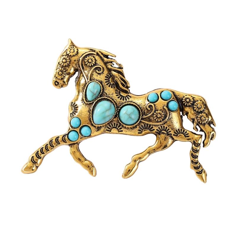 Elegant Horse Brooch Adorned with Simulated Turquoise Accent for Fashion Forward Looks on Suits and Shirts Gift