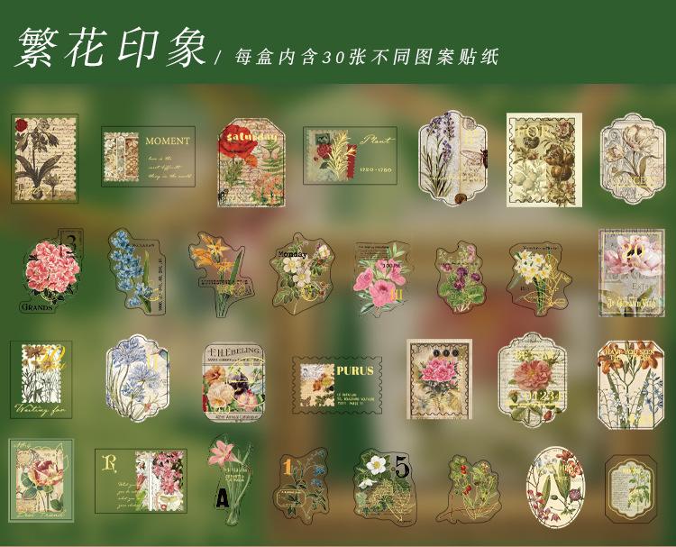 30 Sheets Gold Foil Vintage Literary Stamp Theme Stickers Retro Postmark Design Self-Adhesive For Journal Scrapbook DIY Deco