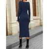 Women's Solid Color Round Neck Belted Slit Hem Midi Dress Casual Long Sleeve Shift Office Autumn