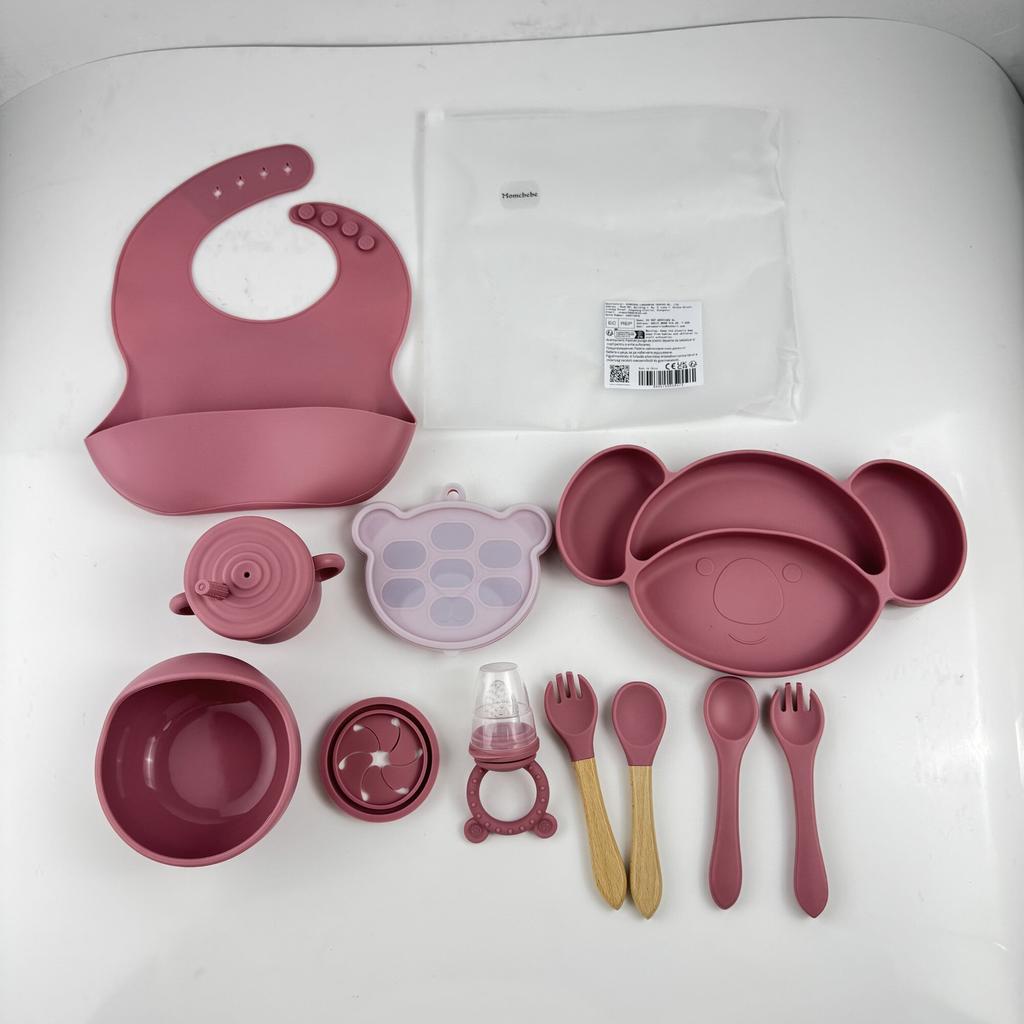Momcbebe Baby Feeding Set 10-Piece Silicone Suction Bowl Sippy Cup Bib Spoon Fork BPA Free Soft Durable Easy Clean Pink
