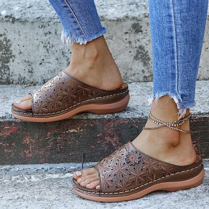 Large Size Women's Shoes Summer New Flowers Fish Mouth Sandals Hollow Slope Heel Cool Slippers Women