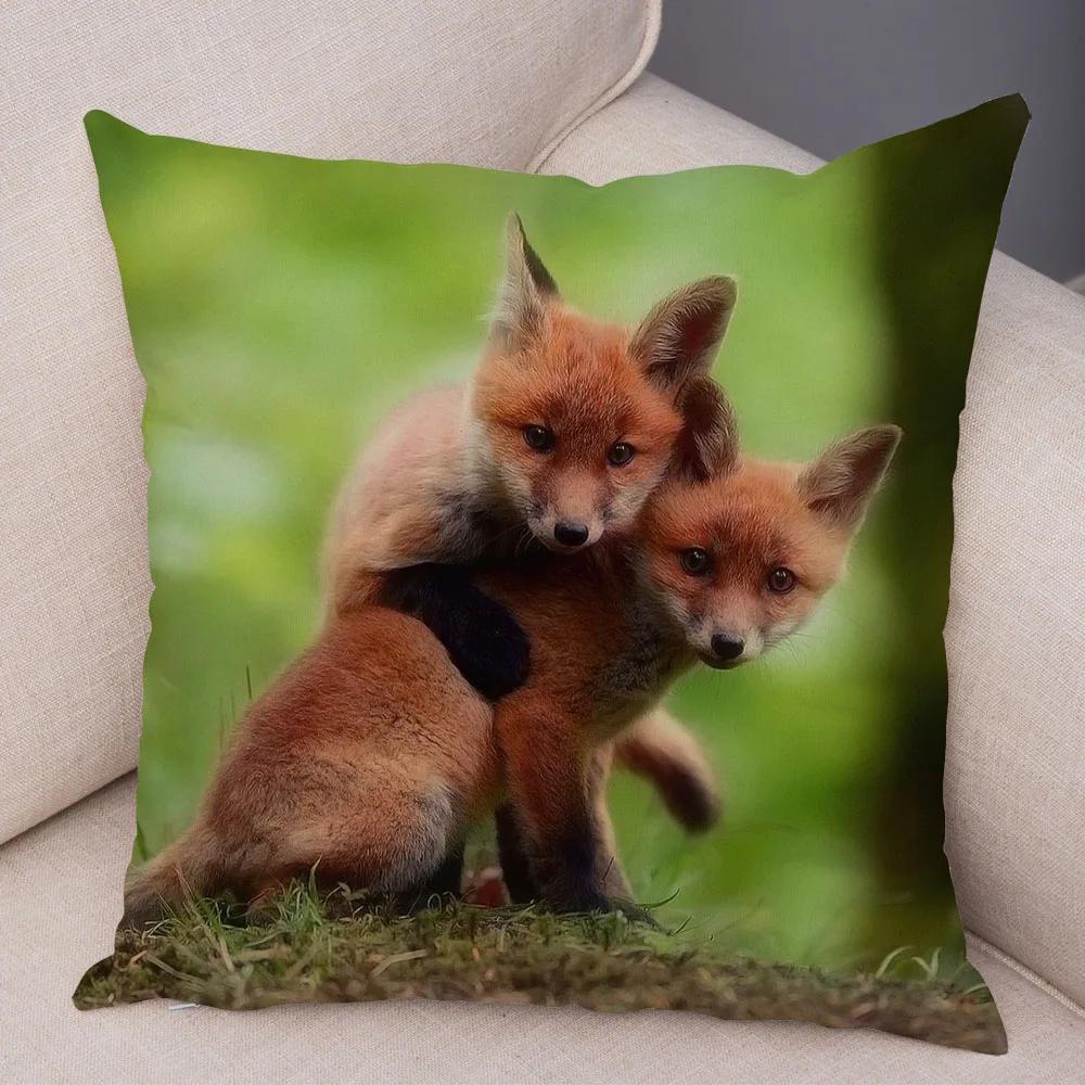 Cute Wild Fox Print Pillowcase Decorative  Animal  Polyester Cushion Cover for Sofa Home Car