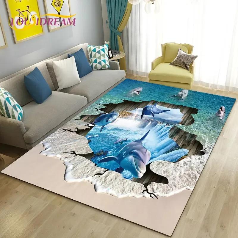 Seabed Illusion Underwater World  Dolphin Shark  Area Rug ,Carpet Rug for Living Room Bedroom Sofa Doormat Non-slip Floor Mat