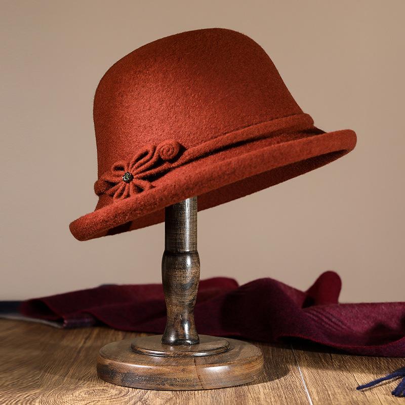 Hat Women's Autumn and Winter Versatile Middle and Old Hat Wool Elegant Flower Pot Hat Retro Curled Top Hat