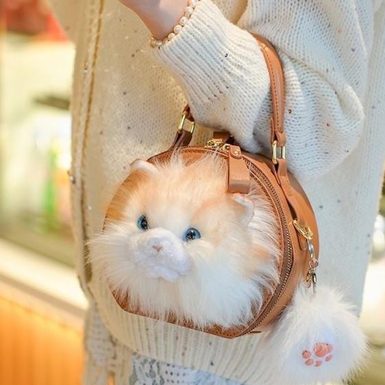 Korean Version Niche Design Cute Puppet Cat Plush Bag Simulation Doll Doll Bag Shoulder Messenger Bag Small Round Bag