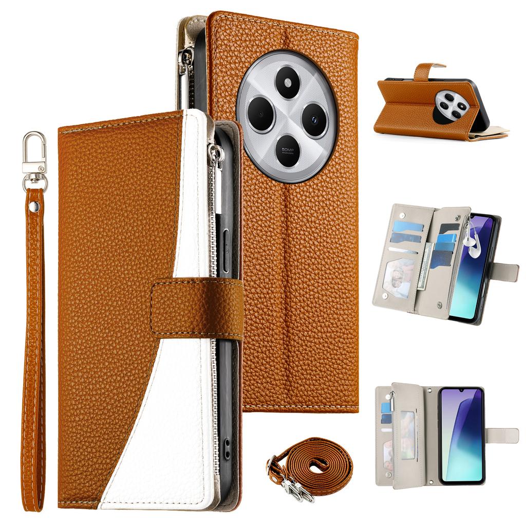Leather Case For Xiaomi Redmi 14C 4G/14R 5G/A3 Pro 4G/A4 5G/Poco C75 4G Zipper Wallet Color Splicing Flip Phone Cover with Straps
