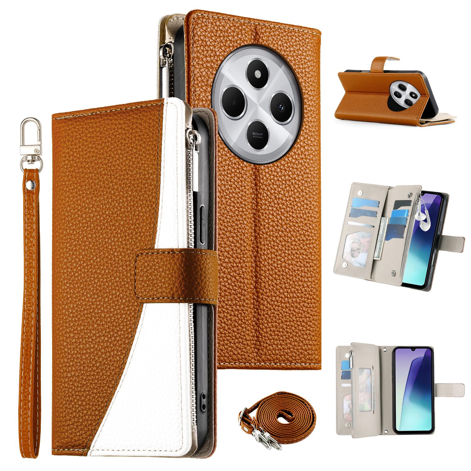 

Leather Case For Xiaomi Redmi 14C 4G/14R 5G/A3 Pro 4G/A4 5G/Poco C75 4G Zipper Wallet Color Splicing Flip Phone Cover with Straps Brown