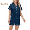 2-teiliges Pyjama-Set, Satin, einreihiges Cardigan-Hemd, V-Ausschnitt, Reverskragen, einfarbiges Hemd mit Brusttasche, lockere Shorts, Nachthemd, Nachtwäsche